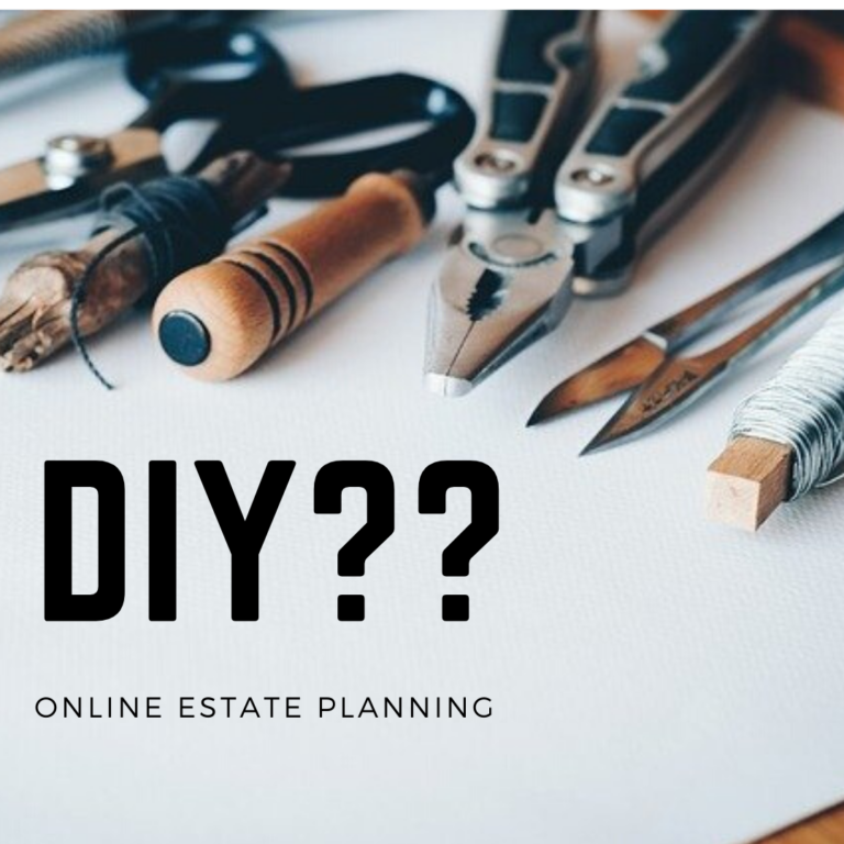 Tools lay across the table and the image reads "DIY?? Online Estate Planning"