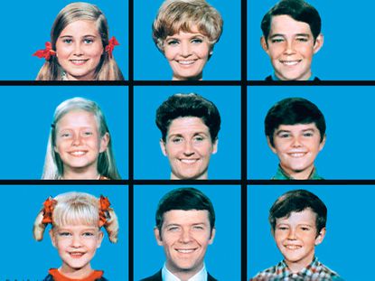 Faces from The Brady Bunch TV Show fill nine blue squares, depicting a blended family.