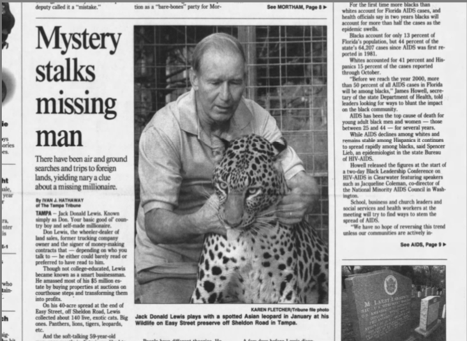 "Mystery Stalks Missing Man" reads a newspaper article with a picture of Jack Donald Lewis and an Asian leopard.